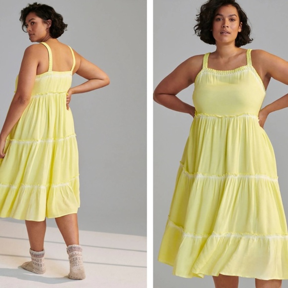 NWT: Anthropologie Nell Tiered Midi Boho Dress Bright Yellow Womens Large Maxi